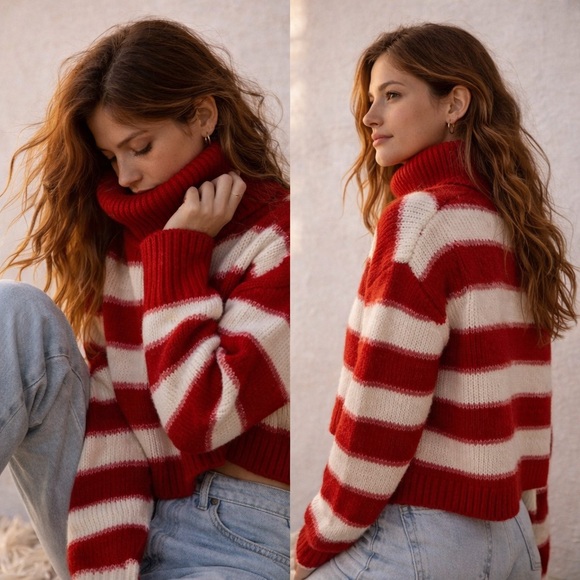 Altar'd State Sweaters - Altar’d State Red Cream Striped Cropped Sweater XL Cozy Cabin Turtleneck NWT
